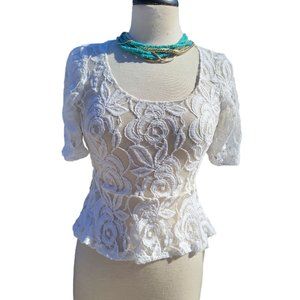 Eyeshadow Lace Floral Top 1/4 Sleeve Boat Neck White Womans X Small